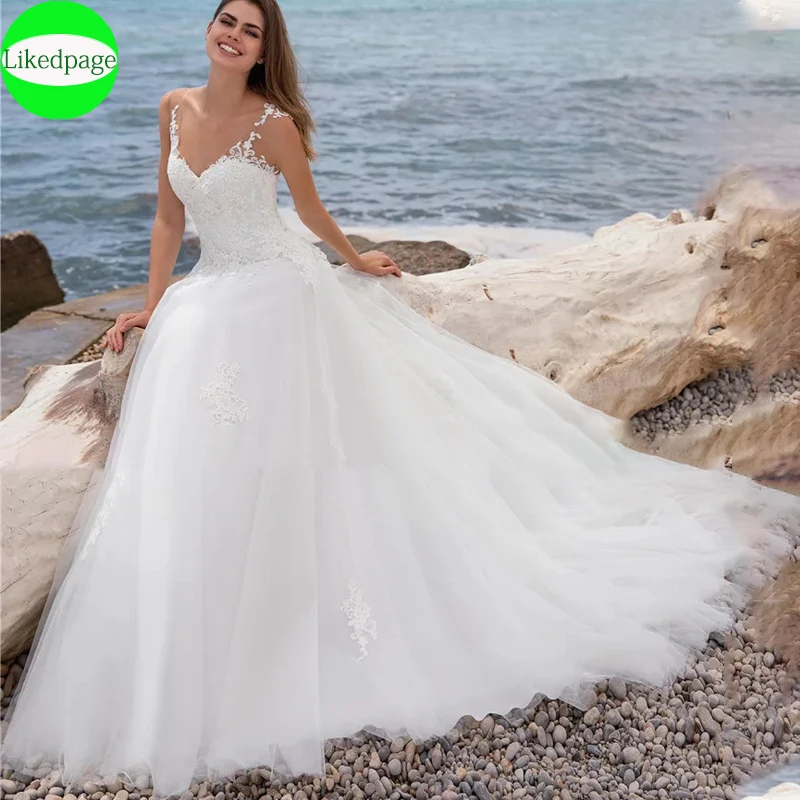 

Elegant Appliques Beach Wedding Dresses For Women 2024 Sexy V-Neck Vestidos De Novia Illusion Sleeveless Bridal Robe De Mariée