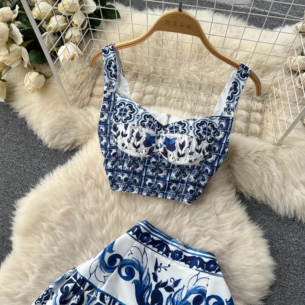 Blue White Porcelain Floral Print Bra Pad Sling Sexy Crops Tops And Long Maxi Skirts Suits Summer Holiday Two Piece Women Sets