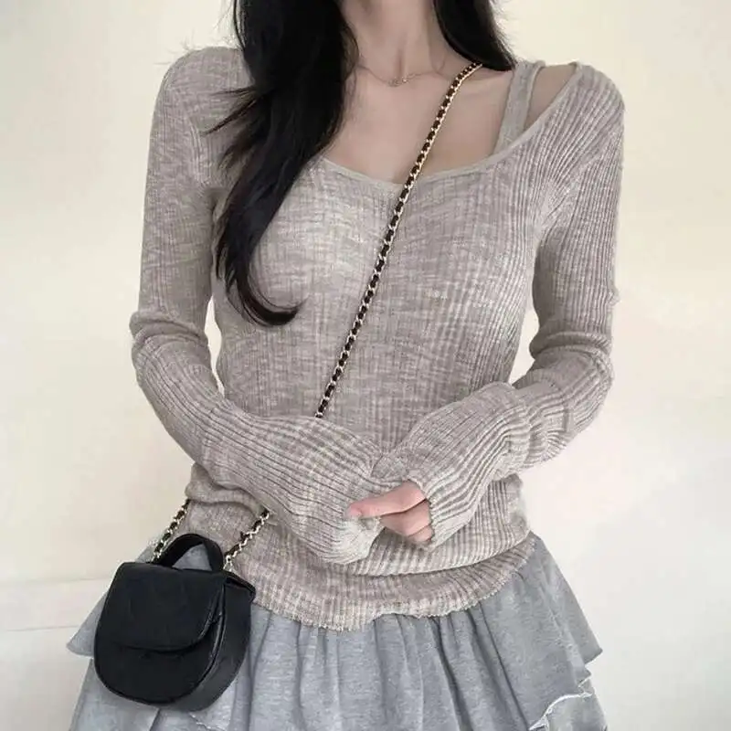 Women Two-piece Knitted Pit Stripe T-shirt For Women 2025 Autumn Solid Pullover Color Top INS New Base Shirt