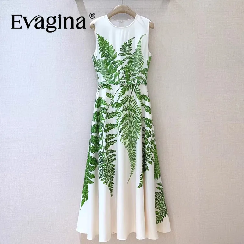 

Evagina Green Print Romantic Daily Basic Vacation Style Dress For Women Sleeveless Cotton Long Dresses With Belt