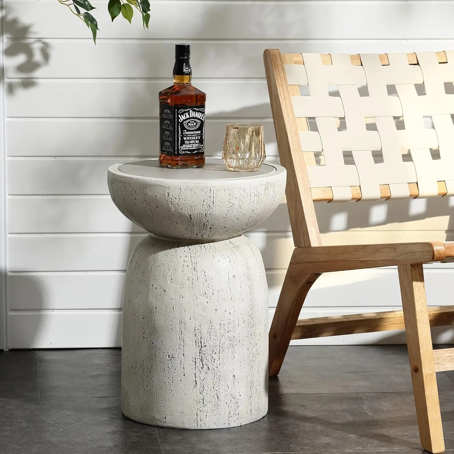 20-inch Round Concrete Outdoor Side Table, Off White and Gray, for Patio and Garden - Rustic and Weathered
