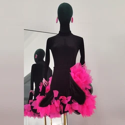 Children'S National Standard Ballroom Dance Professional Dresses Girls Black Velvet Latin Dance Costume Stage Wear SL11155