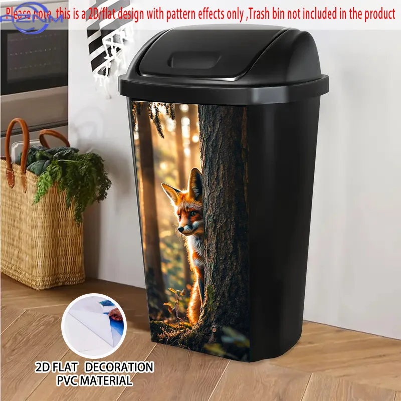 Fox Peeking from Tree 2 Pattern Self-Adhesive Dustbin Stickers, PVC Trash Can Decorative Stickers, Wheelie Bin Stickers,  Suit