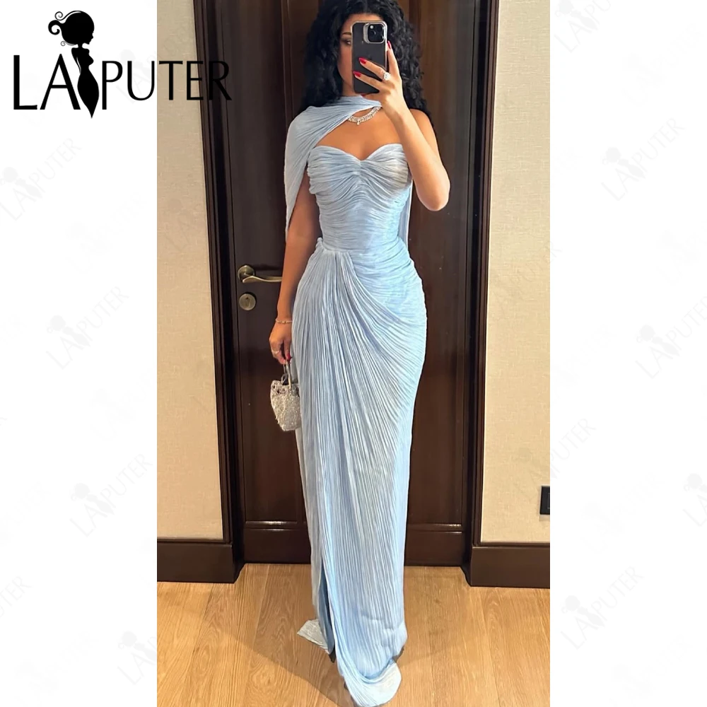 فساتين سهرة زرقاء مجعدة عمود متدفق طويل كيب الشريط فستان حفلة موسيقية ثنيات امرأة فستان رسمي شق