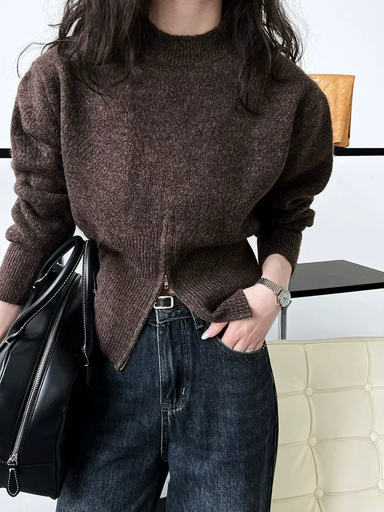 

O-Neck Split Zippers Knitted Pullover Women's Casual Korean Fashion Tops Jumpers Long Sleeve Soft Slim Knitwear Sweaters