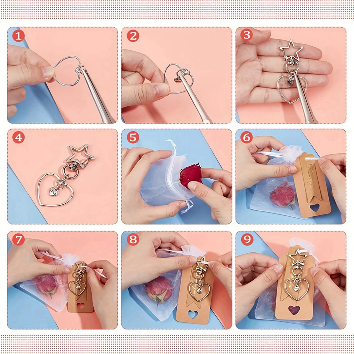 ABJZ Aksesori Gantungan Kunci Indah dengan Label Terima Kasih Tas Transparan Pembuatan Perhiasan DIY Cocok untuk Pernikahan