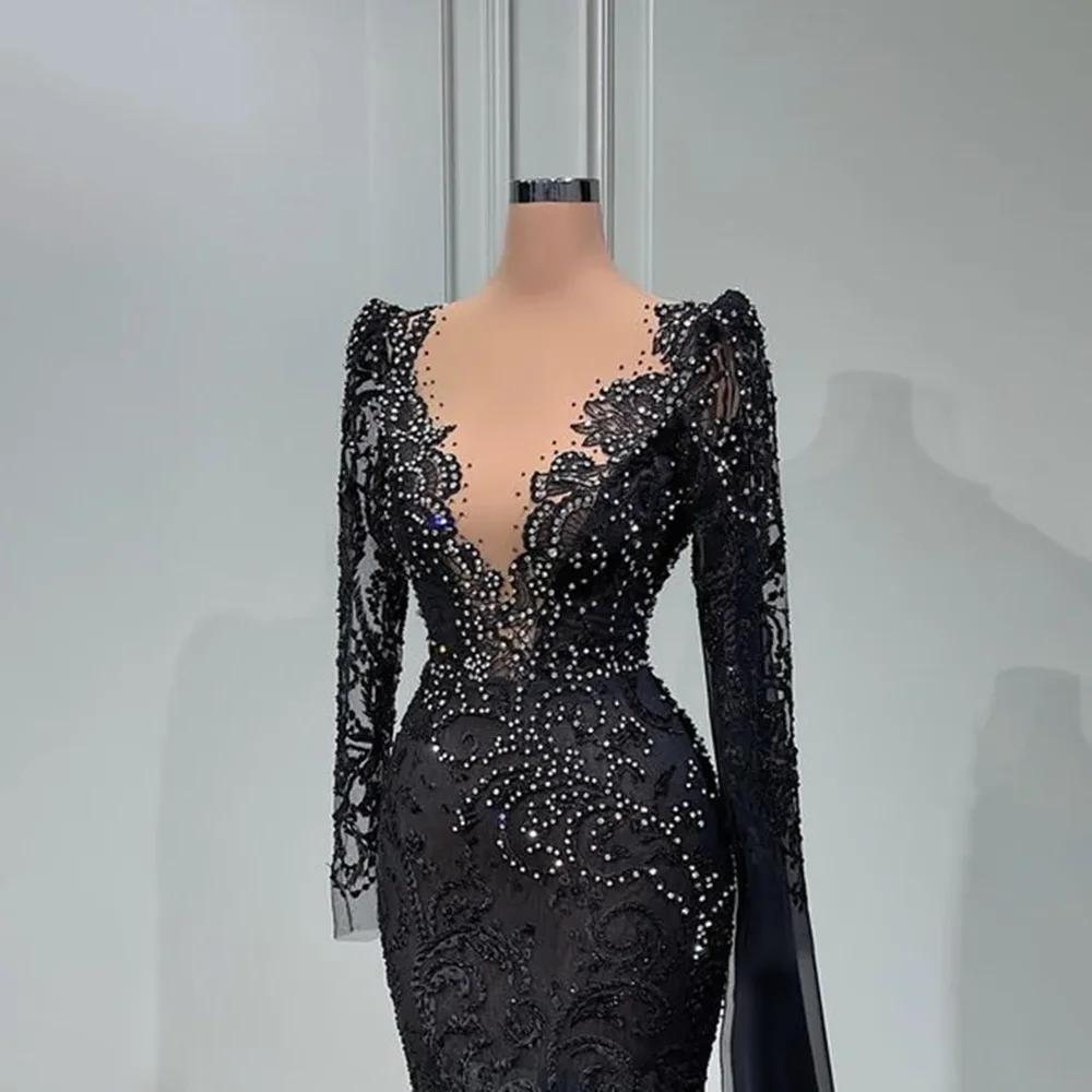 Luxury Beads Sequined Evening Dresses Black V-Neck Long Sleeves Mermaid Party Dresses Fashion Appliques Sweep Train Prom Dresses