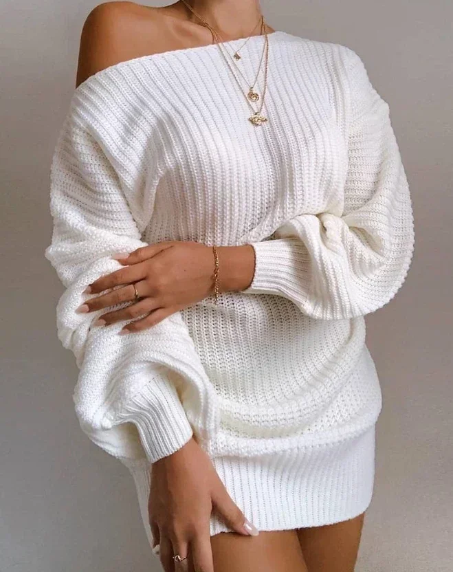 Womens Dresses Spring Fashion Cold Shoulder Lantern Sleeve Casual Plain Long Sleeve Daily Mini Knit Sweater Dress Woman Clothing