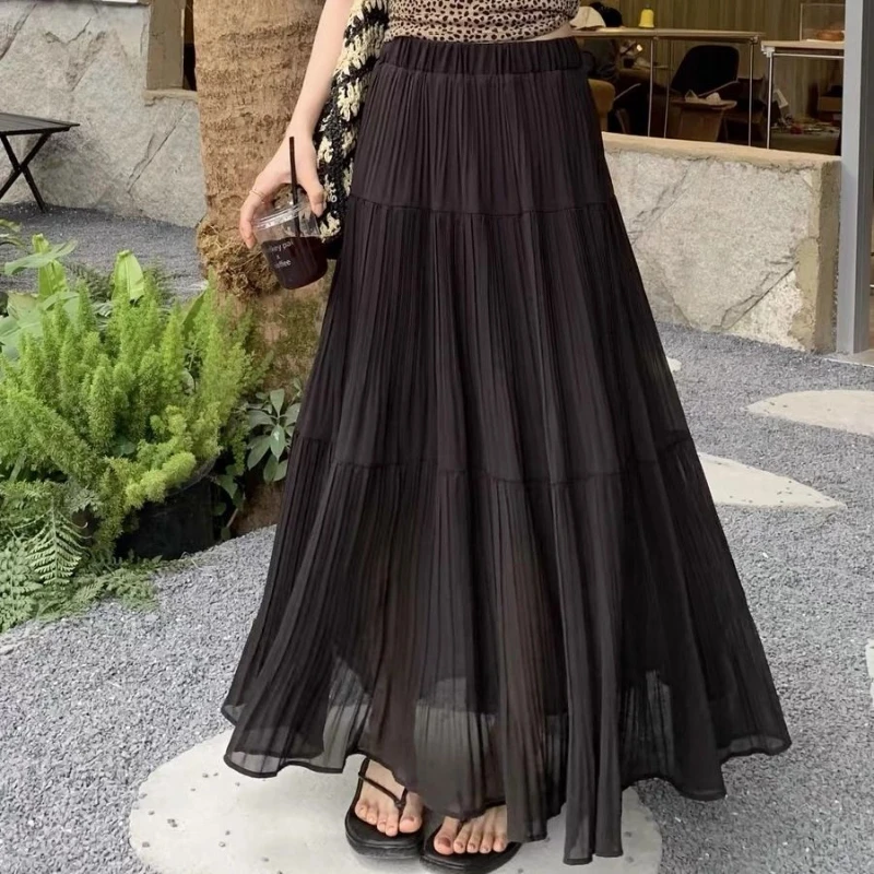 

Spring Summer Elastic Waist Loose Solid Temperament Half Skirt Simplicity Fashion A-line Long Skirt Casual Trend Women Clothing