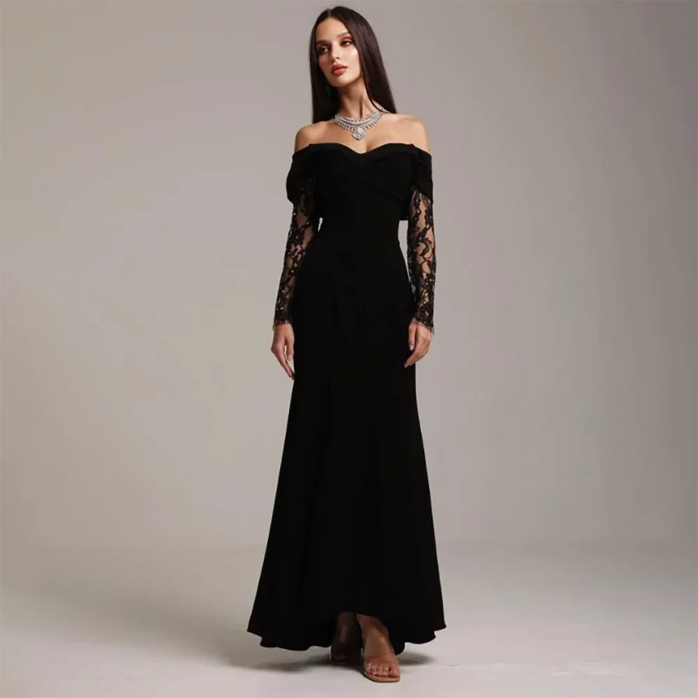 

Black Evening Dress Customized Sexy Sweetheart Off The Shoulder Lace Long Sleeves Evening Gowns Mermaid Formal Party Dress
