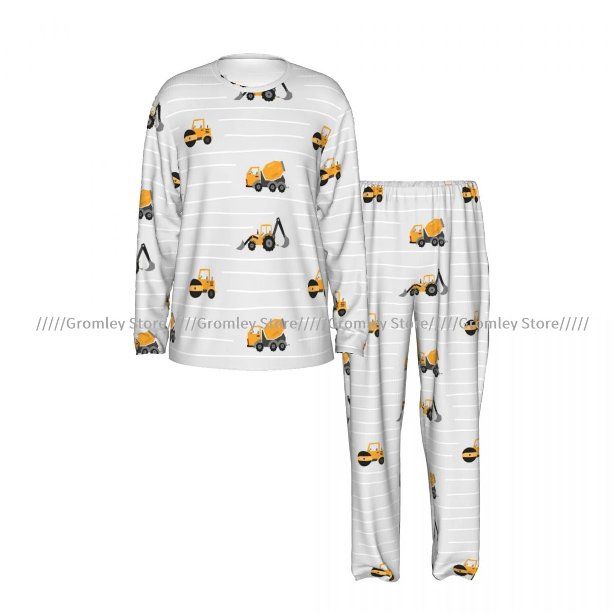 Men's Pajama Set Long Sleeve and Long Pants Yellow Heavy Construction Machines Soft Sleepwear for Home