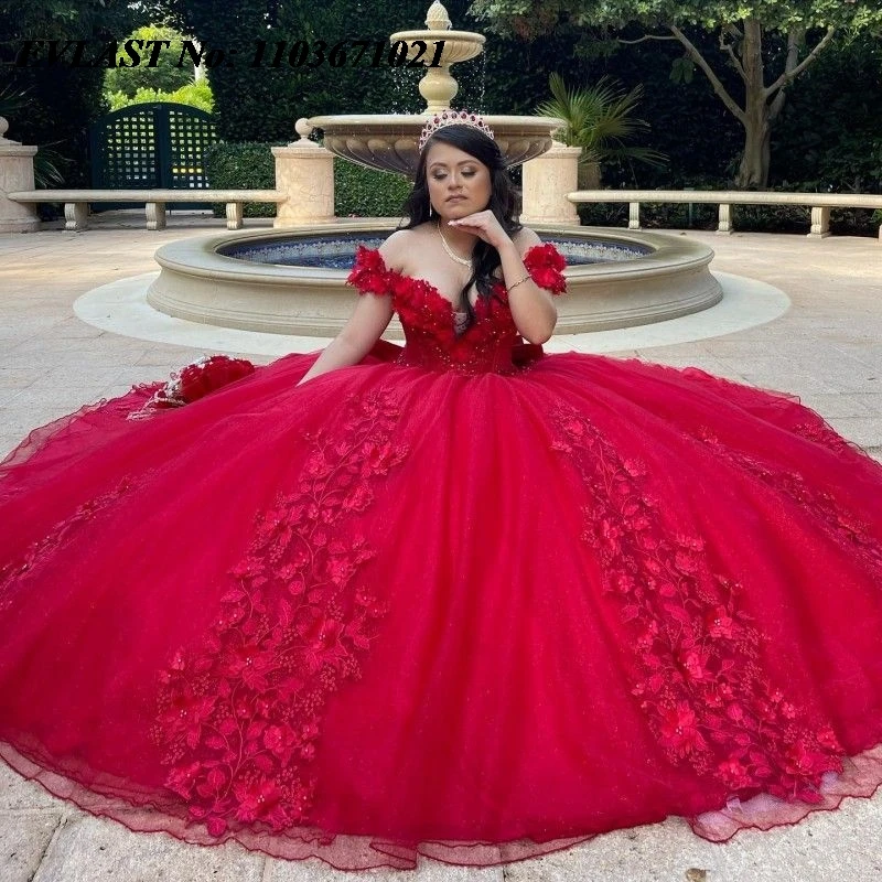 EVLAST Мексиканское красное платье Quinceanera, бальное платье с кружевной аппликацией, бисером и кристаллами с бантом, корсет Sweet 16, Vestidos De XV 15 Anos SQ66