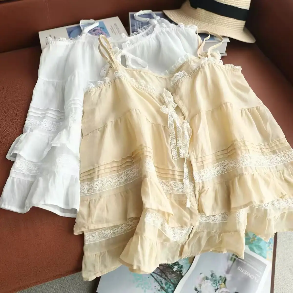 100% Ramie Women Lace Ruffle Cami Top, Spaghetti Strap Tiered Blouse with Bow Knot, Sleeveless Layered Camisole