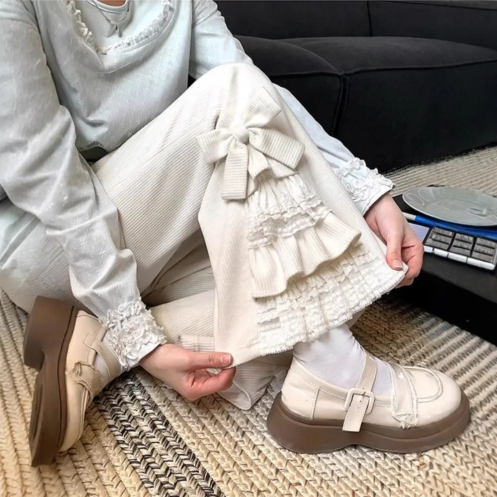 Young Women Corduroy Micro Flared Pants High Waist Baggy Lace Bow Flared Pants Casual Sweet Winter Thick Warm Pants Girls