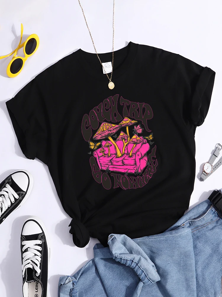 Cottagecore Aesthetic Mushroom Couch Trip Go Nowhere Female Tshirt Fashion Loose Tee Shirt Street Summer Tops Creativity Clothes