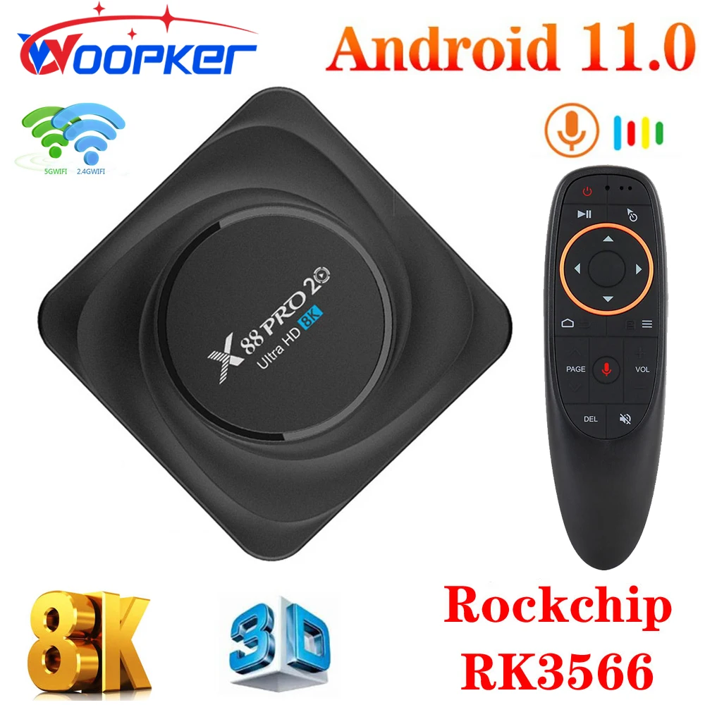 

Смарт ТВ-приставка Woopker, Android 11, X88 Pro 20, 8 ГБ ОЗУ, 128 Гб ПЗУ, Rockchip RK3566, 8K, 2,4G, 5,8G, Wi-Fi, голосовое управление