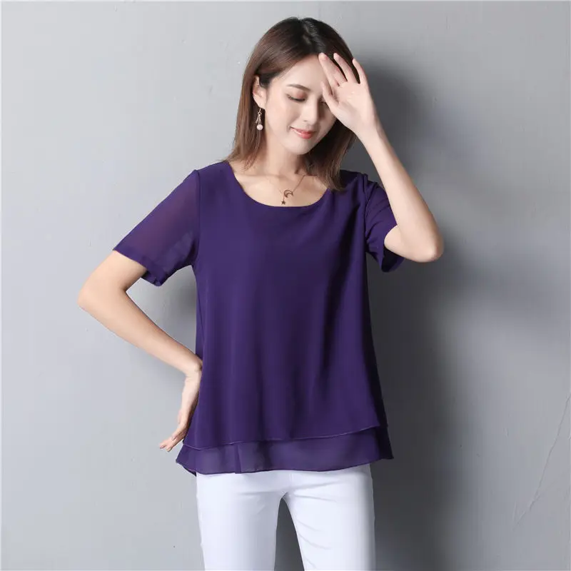 Women Chiffon Shirt Loose Plus Size Blouse Ladies Summer Style O-Neck Short-Sleeved Female Tops 5xl 6xl