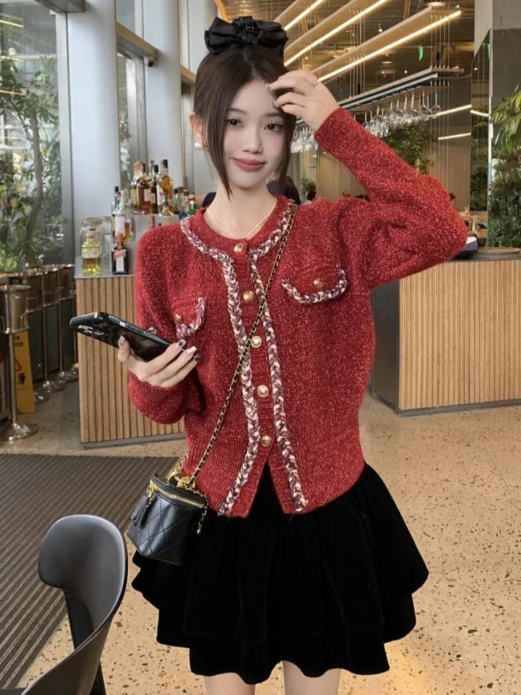 

Loose Long Sleeve Knitted Cardigan round Neck Gathered Skirt Set Women's Autumn Winter Casual Style plus Size Fashion Ensemble