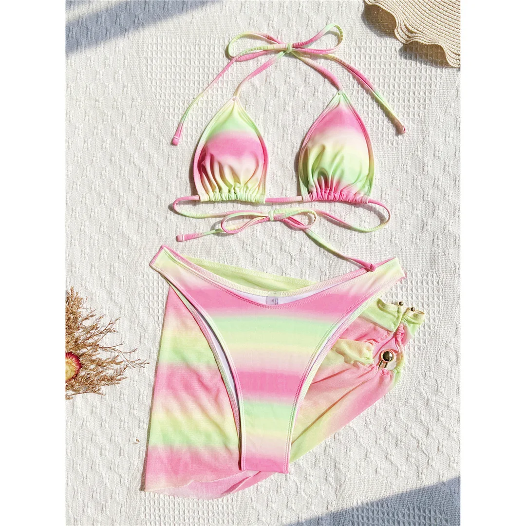Mit Rock, Farbverlauf, bunter Neckholder-Bikini, Damen-Badeanzug, dreiteiliges Bikini-Set, Damen-Bademode, Badeanzug, Schwimmanzug V6774 – Detail 5