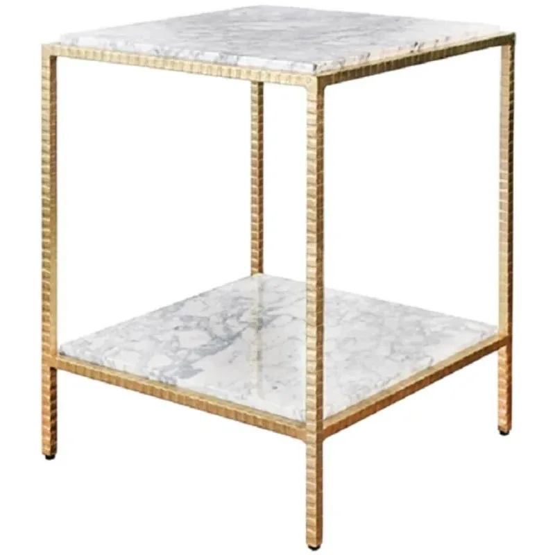 American Style Square Two Tier Marble Side Table Hammered Metal Frame End Table Accent Nightstand Sofa Bedroom Living Room
