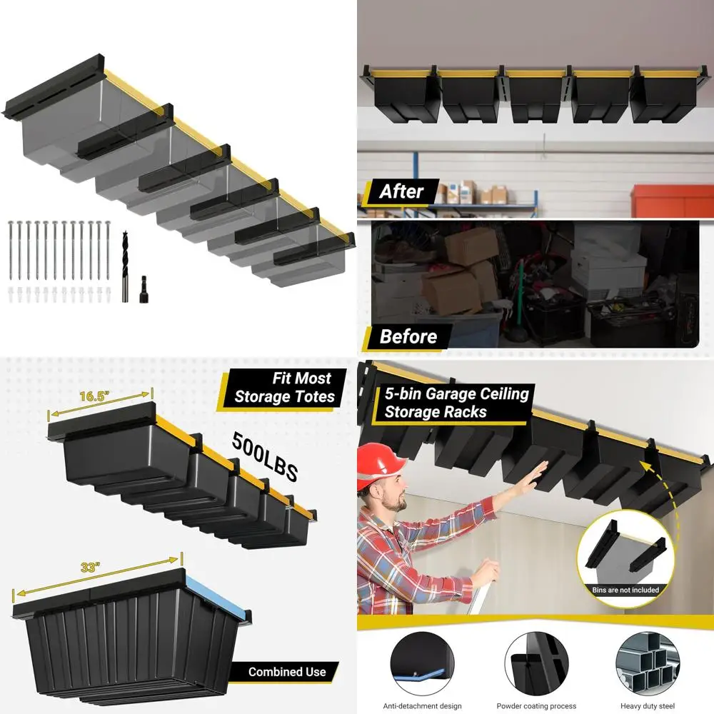 

Durable 5-Bin Ceiling Storage Rack for Garages, Sheds, and Storerooms (Set of 6, Holds 5 Bins)