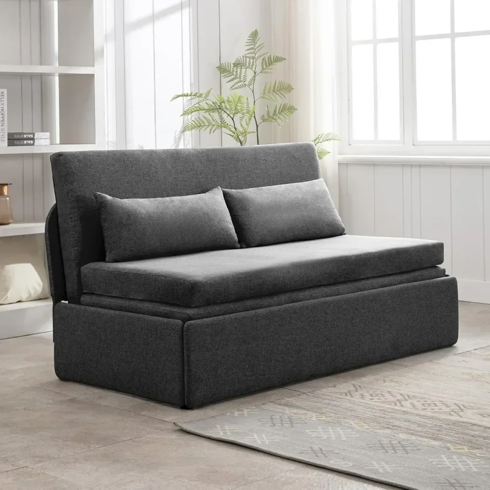 Pull Out Sofa Bed, Couch Bed with 2 Pillows, Linen Convertible Sleeper Sofa with Comfy Mattress, 2 in 1 Armless Loveseat Sleeper