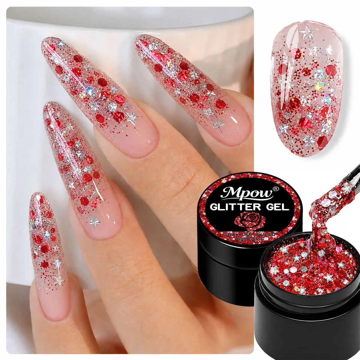 Mpow Red Glitter & Holographic Star Sequin Gel Polish Set, 3-in-1 Glitter Mix Gel Soak Off UV LED Christmas Nail Art DIY