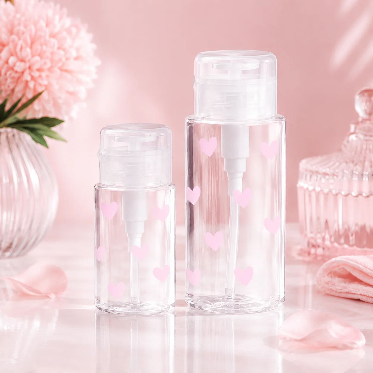 Pink Heart Nail Polish Remover Pump Dispenser Bottle, Refillable Leakproof Press Top Container for Cotton Pads, Salon Travel
