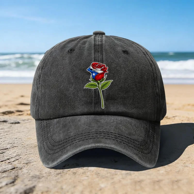 Puerto-Rican-Flag-Rose-Print-Baseball-Cap-Unisex-Adjustable-Cotton-Cap-for-Beach-Vacation-Outdoor