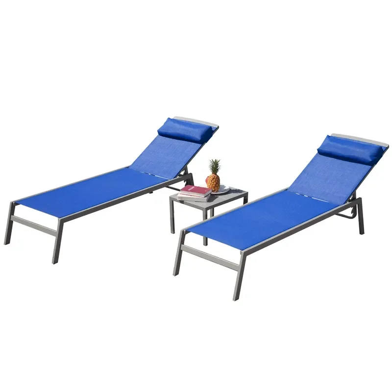 3pcs Adjustable Back Pillow Patio Aluminum Textilene Sun Lounger Set for Outdoor Yard Garden Pool All Seasons Sunbathing