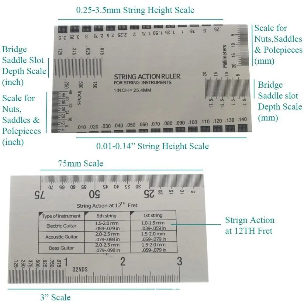 Strumento di manutenzione della chitarra in acciaio inossidabile che misura la misurazione dell\'altezza del righello del calibro della corda del