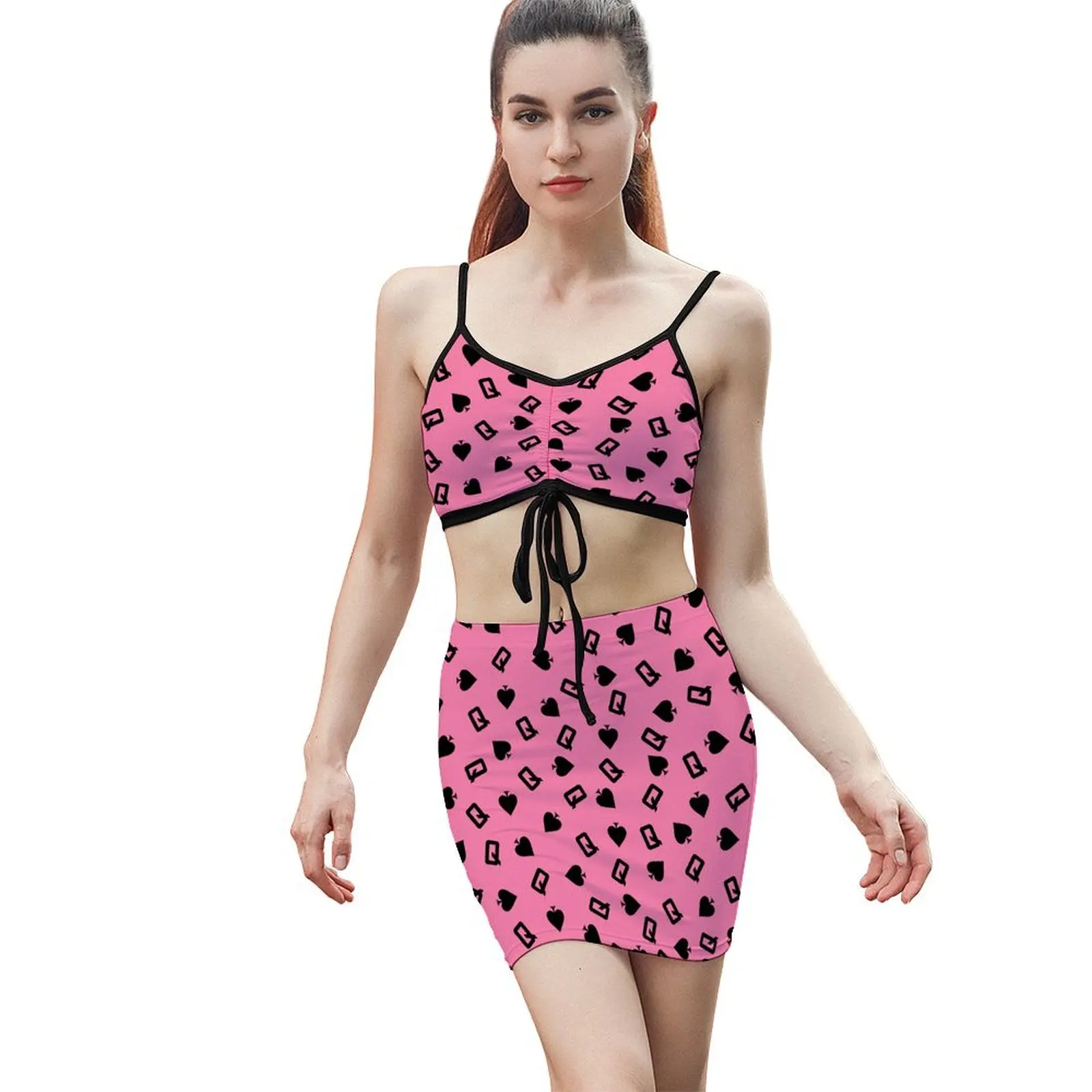Summer Two Piece Outfits for Women Spades Q print Crop Tops High Waisted Bodycon Mini Skirt Sets