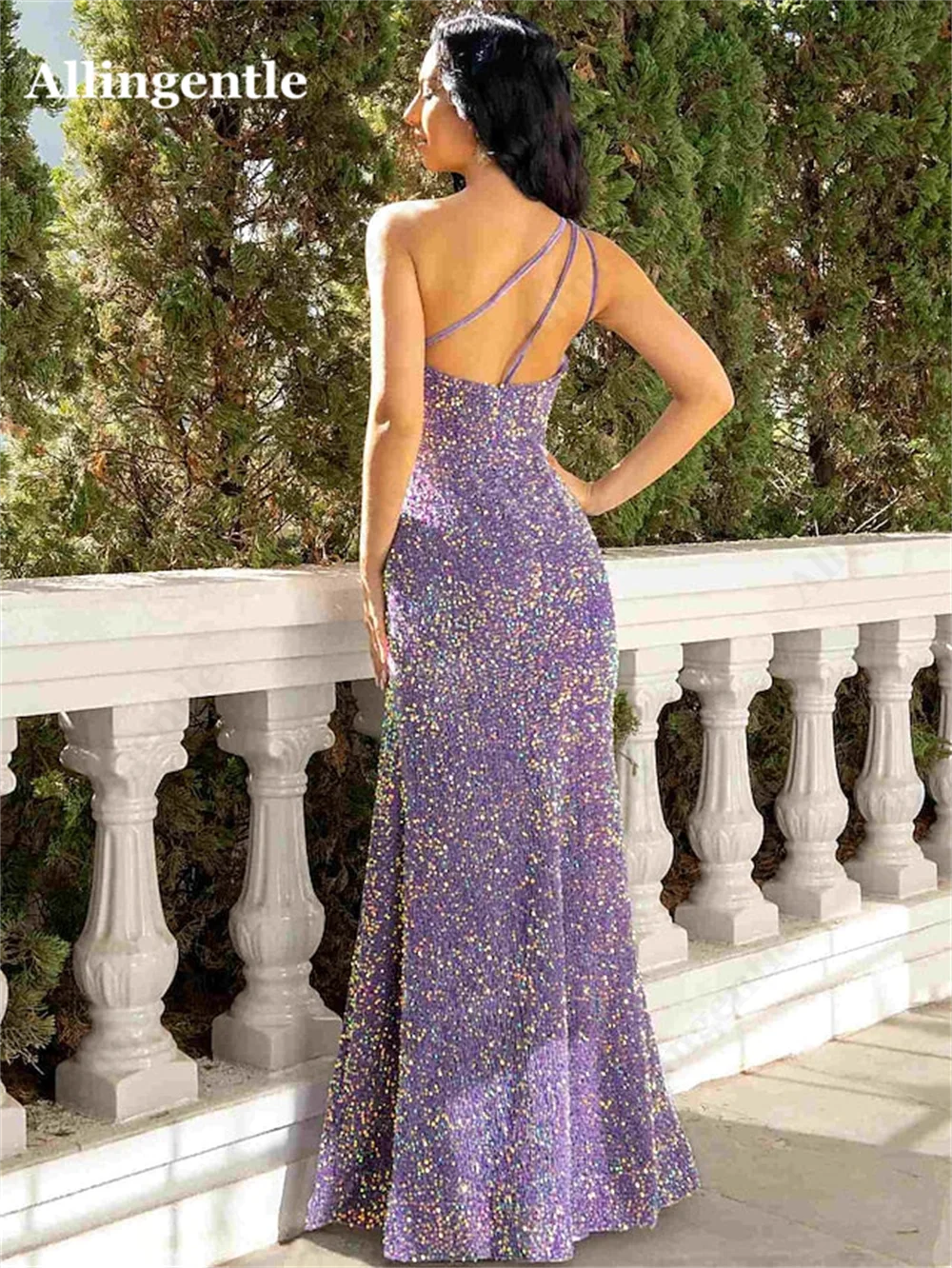 Allingentle Sparkle Mermaid Prom Dresses Luxury Purple One Shoulder Sequin Evening Gowns Side Split Sexy Formal Party Dress 2023