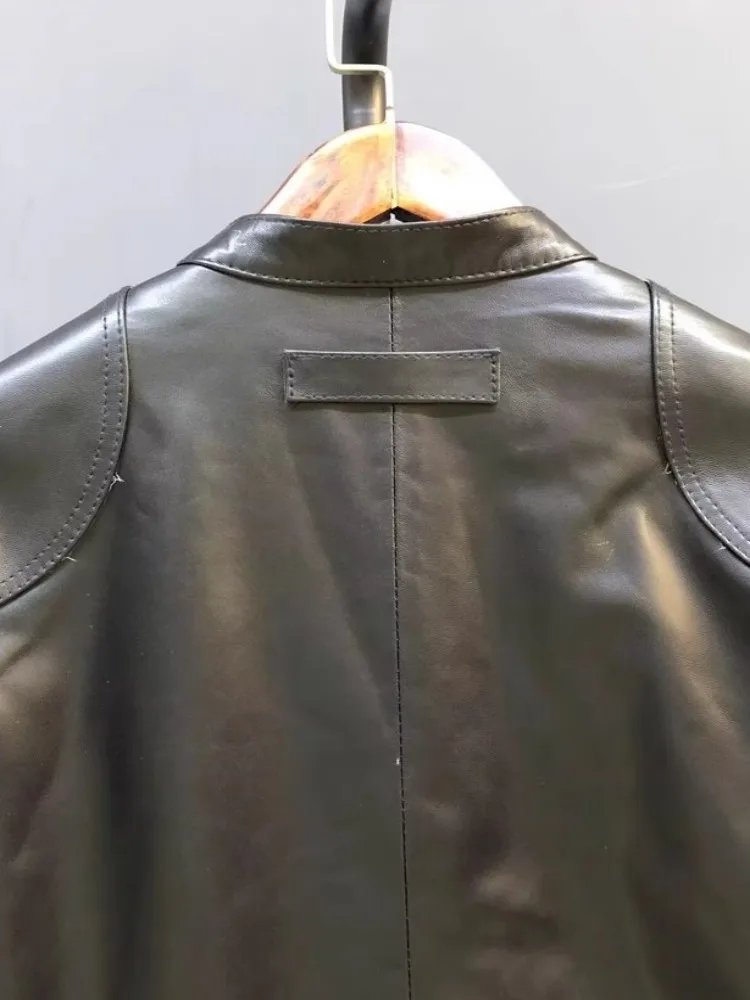 Schicke klassische Damen-Jacke aus echtem Leder, Frühling und Herbst, Stehkragen, schmale Passform, kurze Jacken, Oberbekleidung, echte Schaffellmäntel