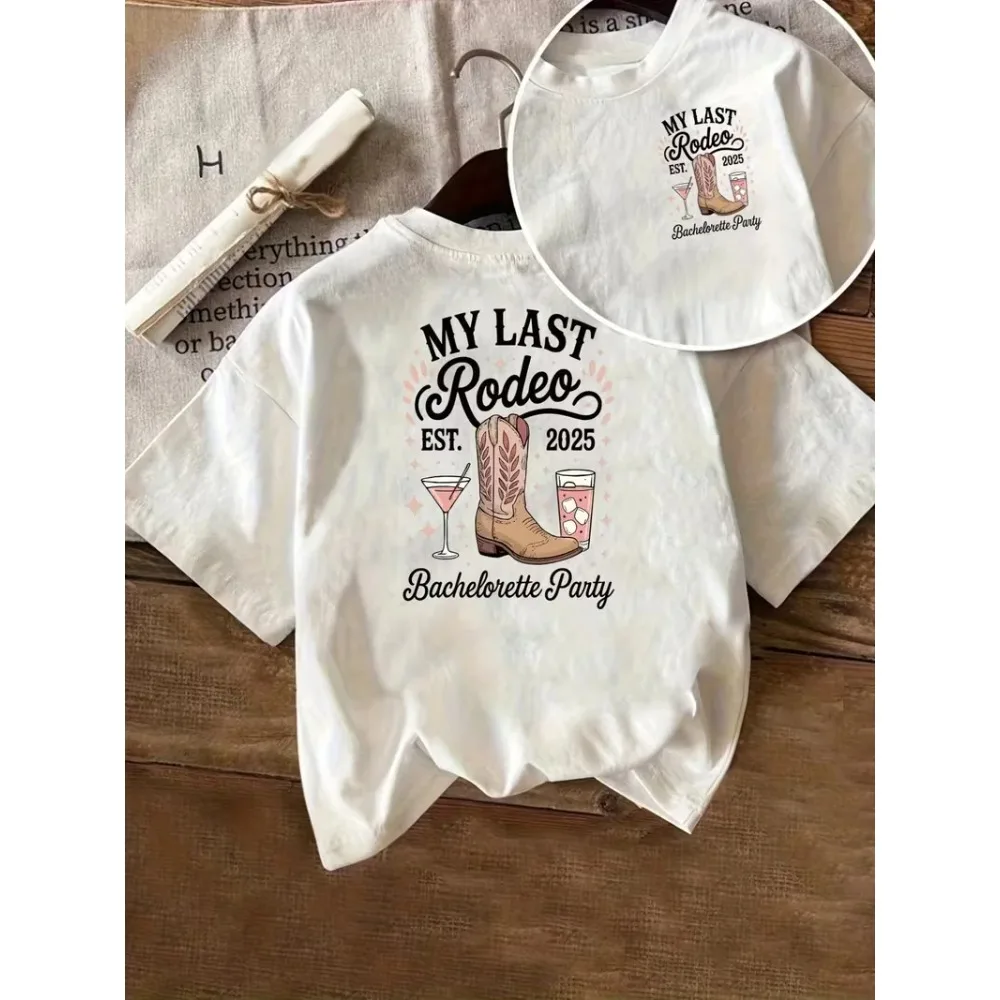 Women's Fashion T-shirt with Last Ride Before I'm A Bride Cowboy Graphic Western Bachelorette Party Front  Back Print Casual Top