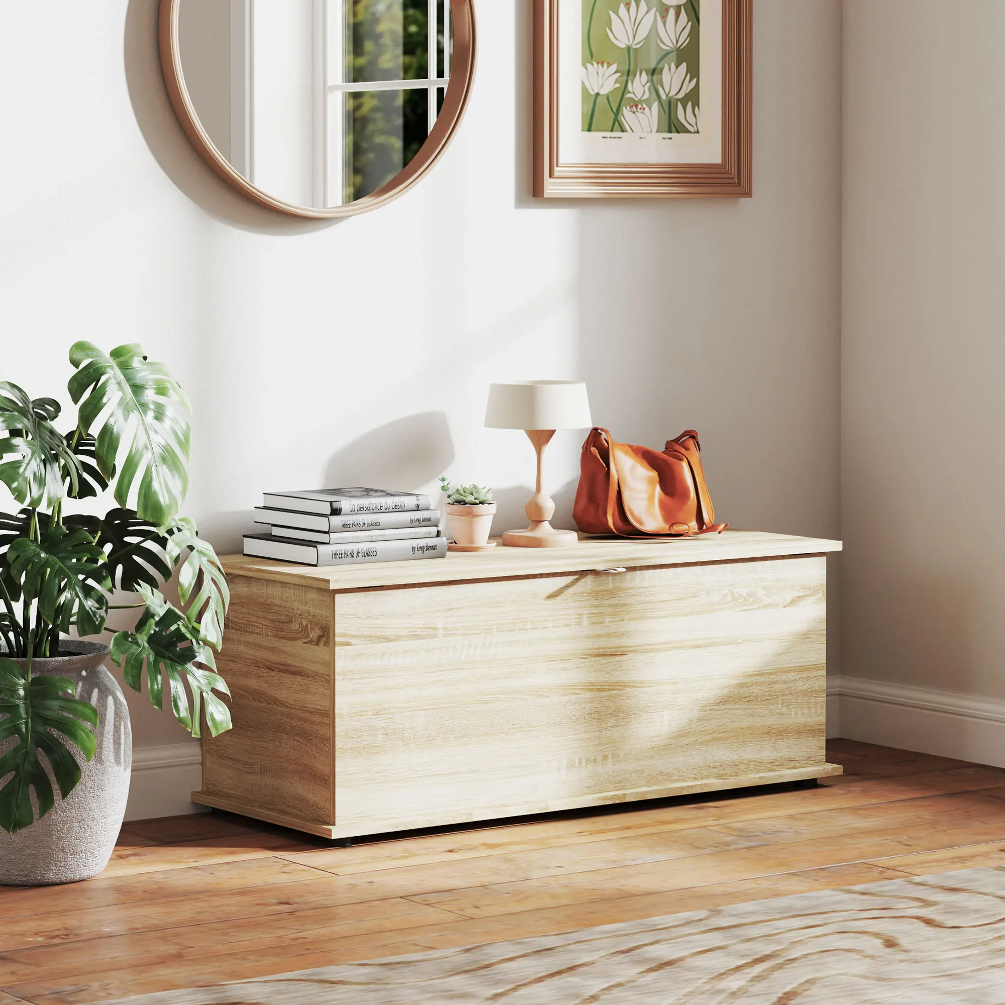 Aufbewahrungsbank mit Sicherheitsscharnier im modernen Stil für Flur, Schlafzimmer, Wohnzimmer, 100 x 40 x 40 cm, Eiche