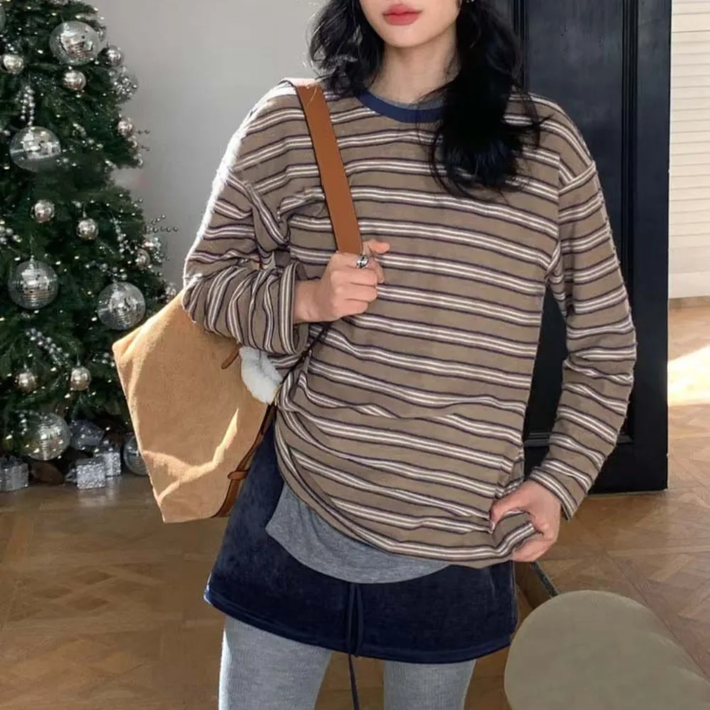 

Осенне-зимняя рубашка с круглым вырезом и длинными рукавами в полоску сзади и карманом, женская футболка из 100% хлопка