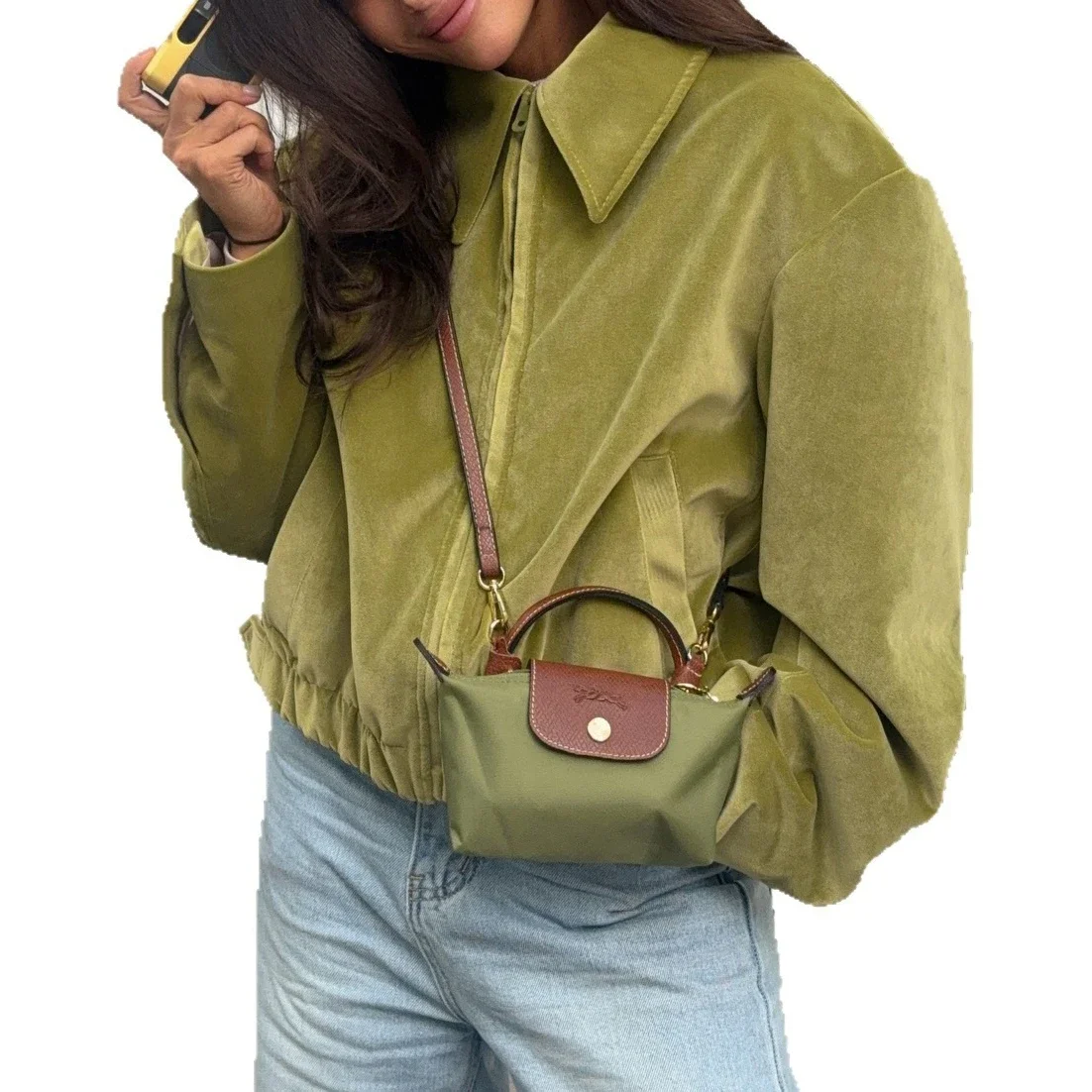 

Olive Green Flocked Jacket Women's Short Cropped Notched Lapel Oversized Fall Winter Warm Corduroy Outerwear