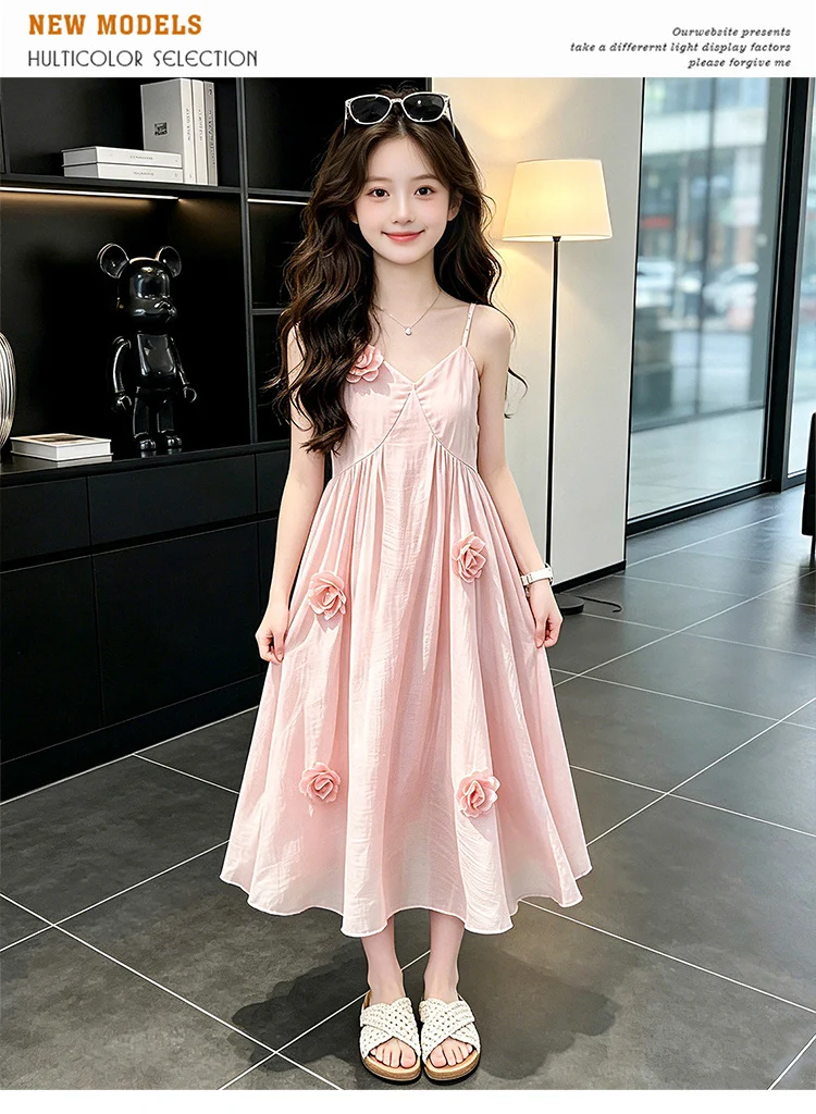Elegante ärmellose Spaghettiträger-Kleider für Mädchen, Sommer-Urlaubskleidung, Strandkleid, Kinder-Blumen-Slip-Kleid, Schlafanzug – Detail 4