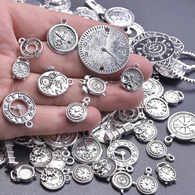 Silver Color Random Compass Rudder Clock Round Steampunk Charm For Jewelry Making Accessories Metal DIY Pendants Charms Material view 3