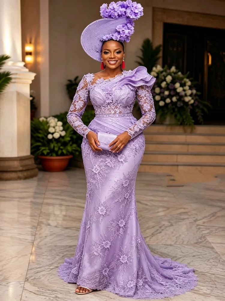 Custom One‑Shoulder Ruffle Lavender Lace Mermaid Evening Dress 2026 Long Sleeve 3D Applique Train African Traditional Party Gown