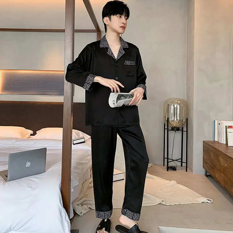 Ice Silk High-grade New Pajamas Youth Summer Thin Sleepwear Long Sleeve Spring Autumn Silk Nightgown Men Senior Homewear Suit