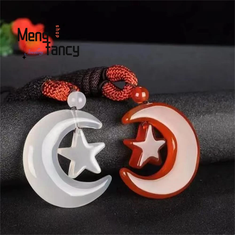 Natural Ice White Chalcedony Red Agate Star Moon Pendant Exquisite Elegant Simple High-grade Couple Fashion Jewelry Holiday Gift