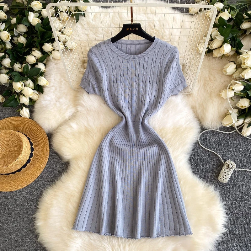 

Mid Length Dress Women Knit Dresses A Line Vestidos Y2k Streetwear Round Neck Short Sleeve Tight Waist Elegant Party Night Work