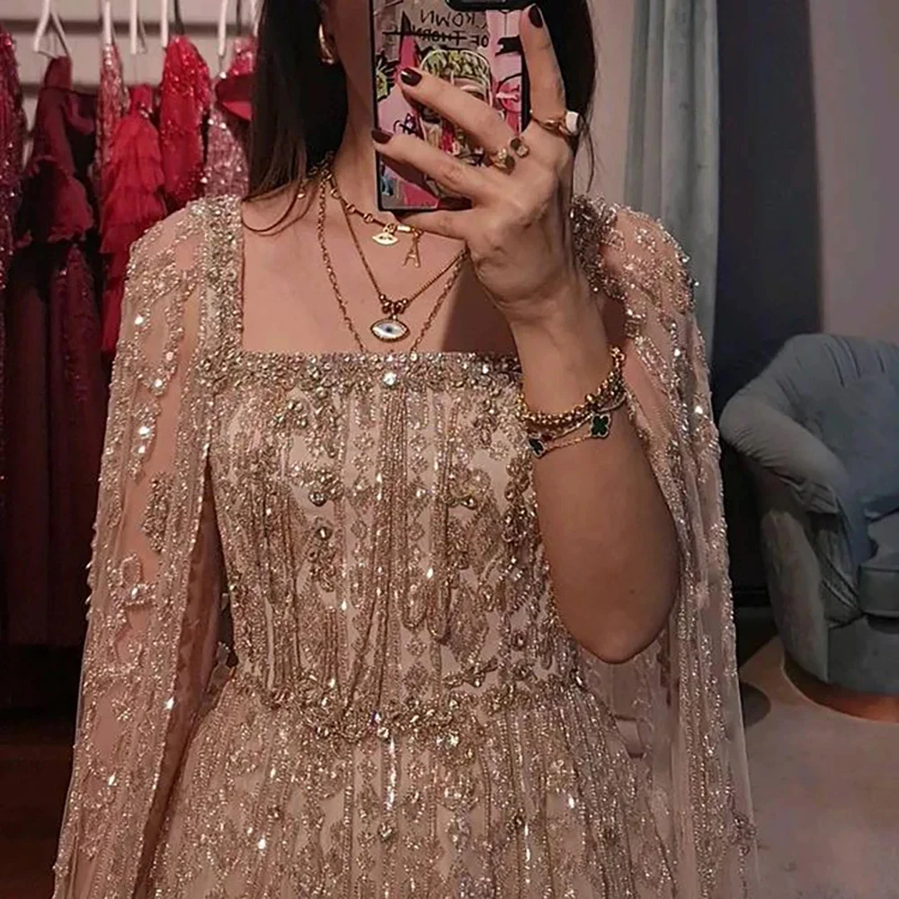 FATAPAESE Customized Arabic Nude A Line Cape Sleeve Crystal Beaded Luxury Saudi Evening Dresses Gowns For Formal Occasion