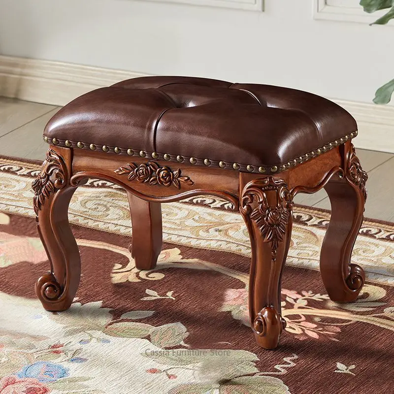 Solid Wood Leather Vanity Stool for Dressing, Upholstered Shoe Bench for Entryway, Elegant Small Ottoman for Living Room Home