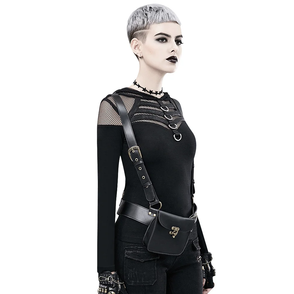 

Small niche design bag for women, European and American punk motorcycle, PU leather retro waist bag, double shoulder clothing ac