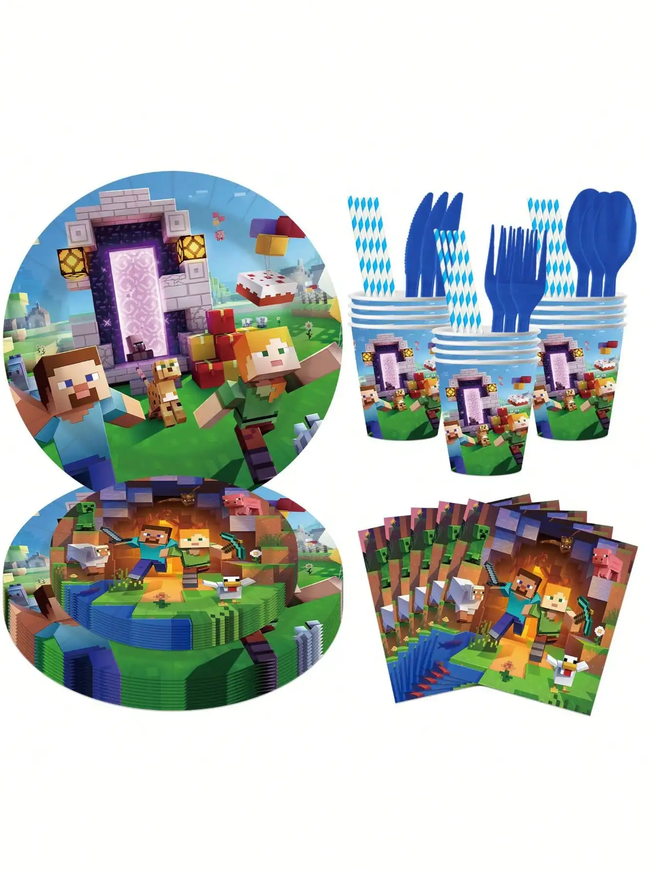 My Worldt 90/160 pièces automne nouveau jeu de construction du monde Pixel thème anniversaire décoration de noël ensemble de vaisselle jetable, ensemble de vaisselle pour 10-20 personnes, avec des