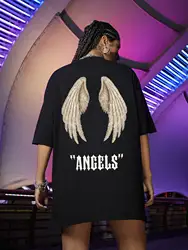 Wings Angels Printing Female Cotton Tee Clothing Creativity Trend All-math T-Shirts O-Neck High Street Tops Womens Short Sleeve