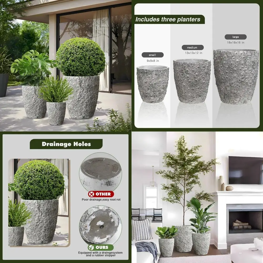 Duży zestaw 3 okrągłych betonowych doniczek do użytku na zewnątrz/wewnątrz z otworami drenażowymi, odpowiedni do doniczek o średnicy 16, 12 i 10 cali.
